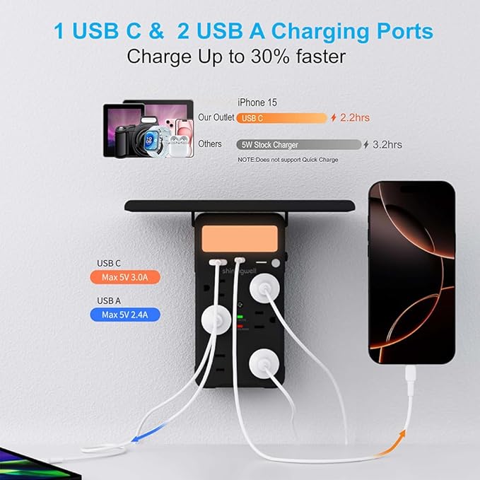 Wall Outlet Extender with Shelf and Night Light, Surge Protector with 3 USB Ports (2A+1C) and 6 AC Outlets, Multi Plug Power Strip Electric Outlet Splitter for Home and Office Use, Black