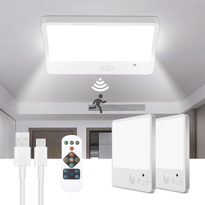 Rechargeable Motion Sensor Light Indoor with Remote,Closet Lights Motion sensored,Magnetic Wireless Ceiling Light , 12000mAh Battery Operated Ceiling Light Wireless for Shed Bathroom Garage -2pack