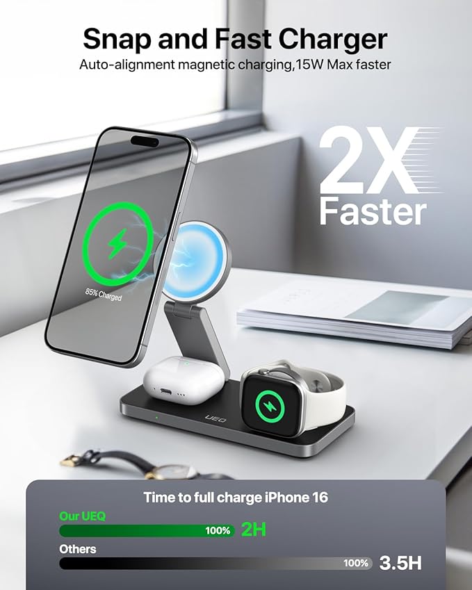 UEQ Foldable 3 in 1 Wireless Charging Station for Apple Compatible with Magsafe Charger Stand,Magnetic Wireless Charger Station for iPhone 17 Air16 15 14 13 12 Series,Airpods Pro,Apple Watch(Black)