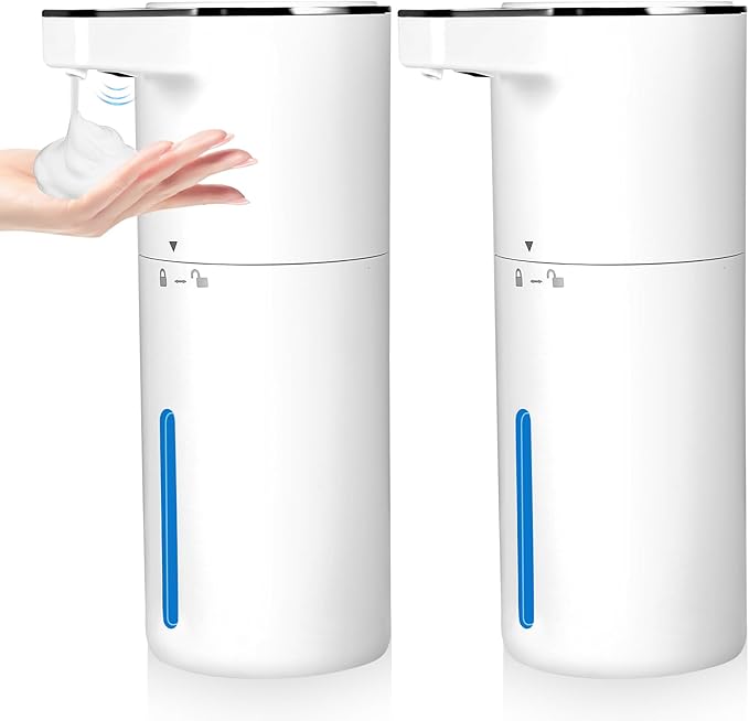 Touchless Automatic Soap Dispenser, 2 Pack Smart Sensor Foam Hand Wash Dispenser, USB Rechargeable & Adjustable Customizable for Bathroom Countertop Kitchen Sink, 13.5 oz White