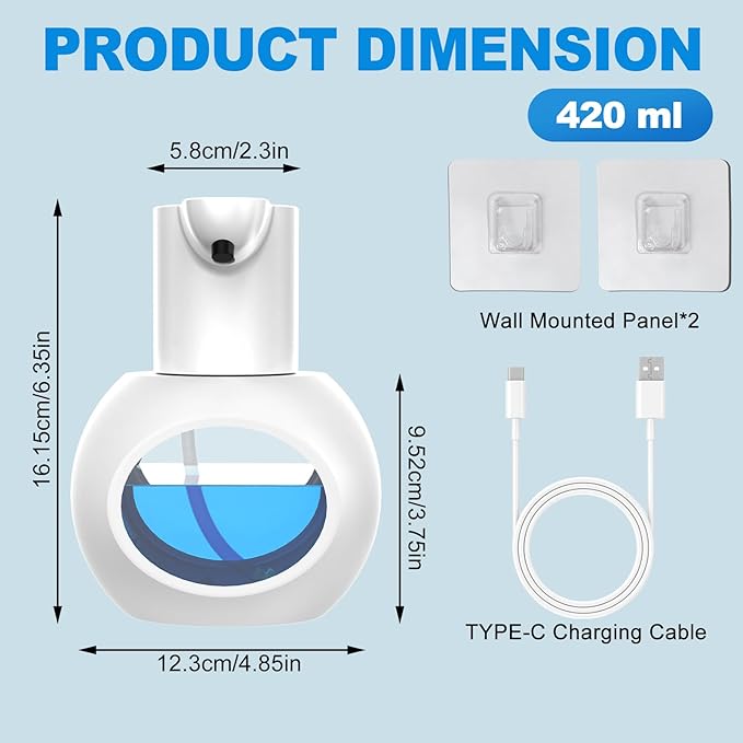 Automatic Foaming Soap Dispenser, 15oz/420ml Smart Hand Soap Dispensers, Touchless Wall Mount with 4-Level Adjustable, Rechargeable Foaming Hand Soap Dispenser for Bathroom Kitchen Office White