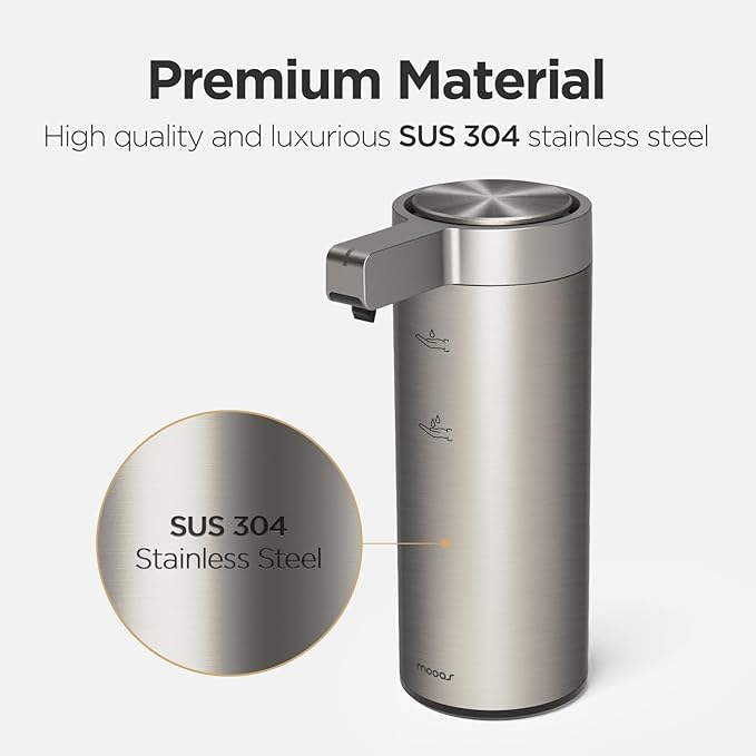 mooas Automatic Liquid Soap Dispenser Stainless Steel Touchless Hands Free Soap Dispenser 2 Levels Adjustable Waterproof Motion Sensor Electric Dish Soap Dispenser for Kitchen Bathroom (Rechargeable)