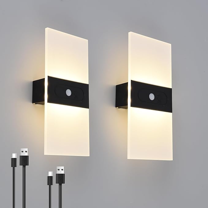 Rechargeable Battery Operated Wall Sconces Set of 2,Magnetic Wireless Led Wall Lamp, Motion Sensor Wall Lights Indoor Dimmable Night Light with Switch for Bedroom,Living Room,Hallway,Stair