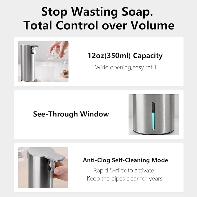 Umimile Electric Dish Soap Dispenser for Kitchen and Bathroom, 2 Mode Liquid Hand Soap Dispenser, 11.8oz Rechargeable with Type-C, IPX7 Waterproof (304 Stainless Steel)