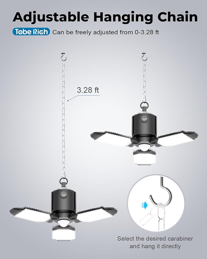 toberich Motion Sensor Garage Light Plug in, 8000LM Shop Light w/ 3 Modes, 3 Deformable LED Panels, 6500K Indoor Motion Sensor Light Bulb for Garage, Utility Room, Basement (1 Pack)