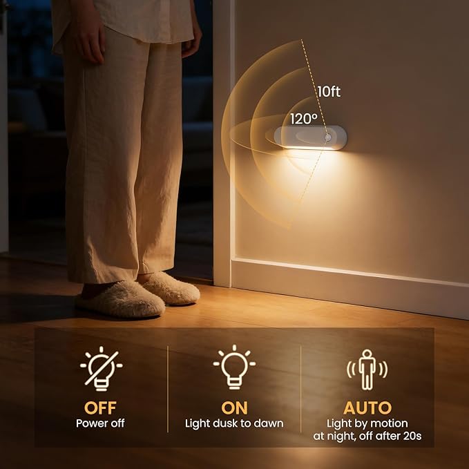 Motion Sensor Night Light, 1800mAh Rechargeable Battery Operated Step Lights, 3000K Warm White Wireless Under Cabinet Lighting for Stairs, Hallway, Closet, Bedroom, Kitchen (2 Pack)