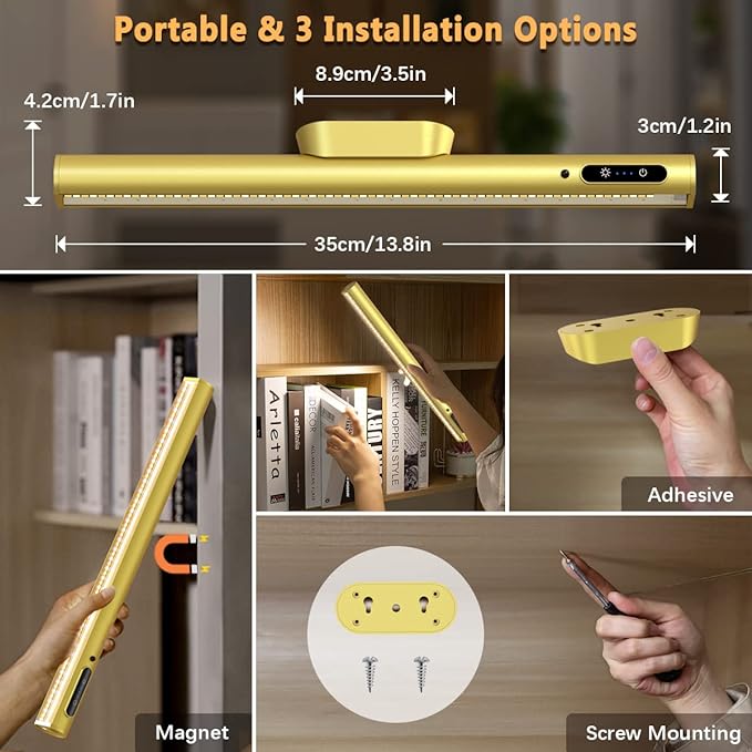 Hapfish Battery Powered Operated Wall Strip Lights, Rechargeable Magnetic LED Light Bar with Remote Control, Dimmable Desk Lamp, Under Cabinet Lighting Wireless for Picture Mirror Closet Room – Gold