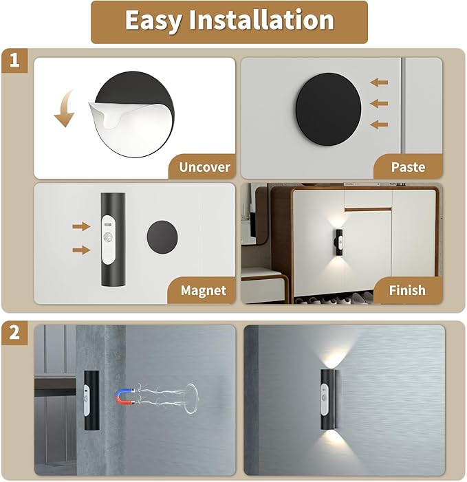 WOBSION Motion Sensor Wall Light with Remote Control, Rechargeable Wireless Wall Sconce, Brightness Adjustable, 3 Color Mode,Indoor Lamp for Hallway, Bedroom,Picture,LED,Black,2 Pack