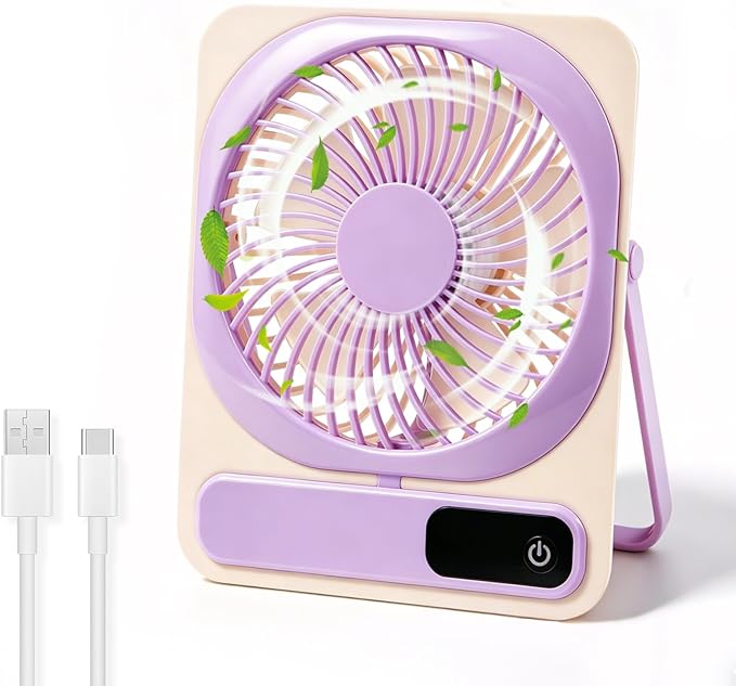 Portable Folding Desk Fan, 5-Speed Quiet Personal Fan w/180° Adjustable Stand & Strong Airflow, 2000mAh Rechargeable Battery Operated Small Fan for Home Office Travel, Tabletop or Hanging Use