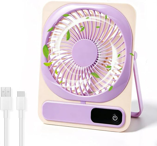 Portable Folding Desk Fan, 5-Speed Quiet Personal Fan w/180° Adjustable Stand & Strong Airflow, 2000mAh Rechargeable Battery Operated Small Fan for Home Office Travel, Tabletop or Hanging Use
