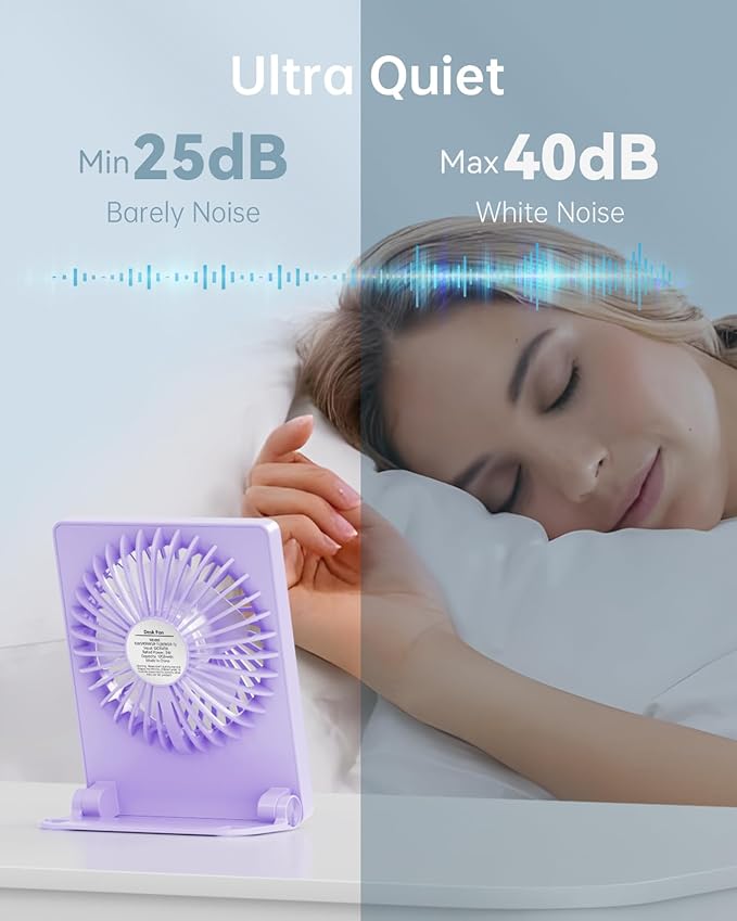 TriPole Mini Portable Desk Fan Rechargeable Ultra Quiet Small Fan 4.5 Inch Personal Travel Fan with 180° Tilt Folding and 3 Speeds Adjustable for Office Desktop Bedroom (Purple)