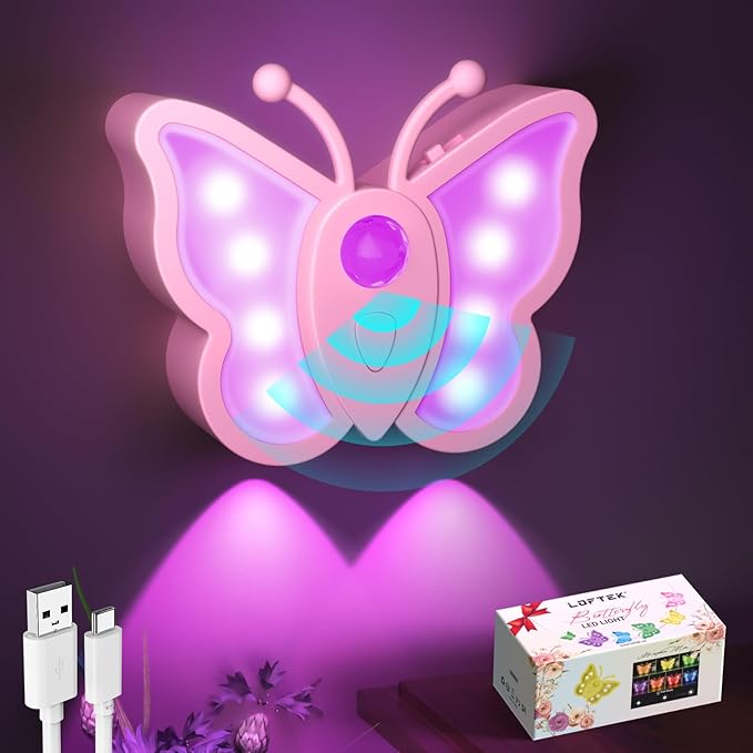 LOFTEK Butterfly Night Light, Rechargeable Motion Sensor Night Lights, 2 Color Modes & Dimmable RGB Nightlight, Stick on Wall, Bedside, Bathroom, Hallway, Stairs, Cabinet (Pink, 1 Pack)