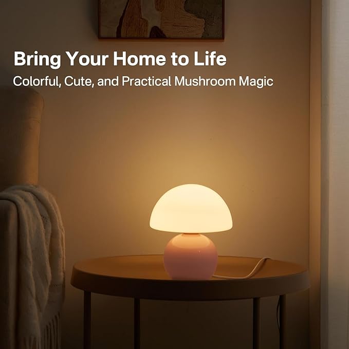 Dawnwake Mushroom Lamp Desk Lamp for Bedroom,Table Bedside Small Lamps for Living Room,Mushroom Decor Cute Mini Modern Mid Century Lamps for Night Stands,Unique Aesthetic Home Living Room Decor(Pink)