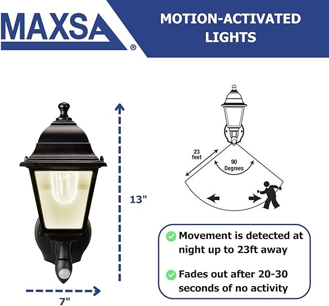 Maxsa 43319 Premium Battery-Powered Motion-Activated Decorative Outdoor Warm White LED Wall Sconce Lighting Fixture, Metal Housing, Black