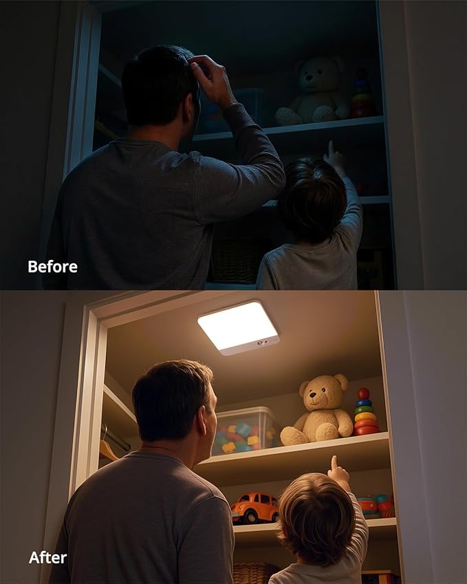 Combuh Rechargeable Ceiling Lights Square 85 Day Battery Operated, 7.87" Wireless Motion Sensor Shower Lighting with Remote 3 Colors Waterproof Magnetic Cordless Lamp for Closet Pantry Hallway