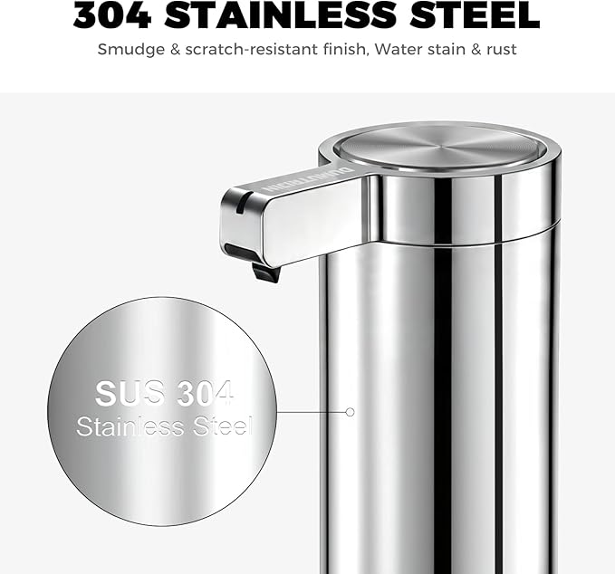 Touchless Automatic Soap Dispenser Wall Mount Stainless Steel with Sensor Infrared 9 oz Electric IPX5 Waterproof USB-C Charging Motion Sensor for Kitchen & Bathroom (Chrome Silvery)