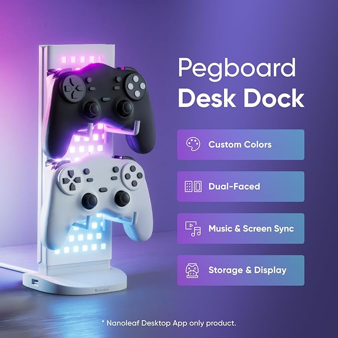 Nanoleaf Pegboard Desk Dock, 3‑in‑1 Desk Hub with Dual‑Sided LED Lighting, USB‑A & USB‑C Charging, 950 mm Pegboard Storage, 50 Lumens, 64 RGB LEDs, Works with Nanoleaf Desktop App, White