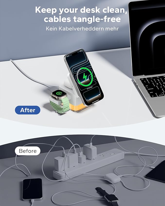 KPON 3 in 1 MagSafe-Compatible Charging Station for Apple, Nightstand Fast Wireless Charger, Foldable Cube, Charging Stand with Night Light, for iPhone 17/16/15/14/13/12, Apple Watch/AirPods, White