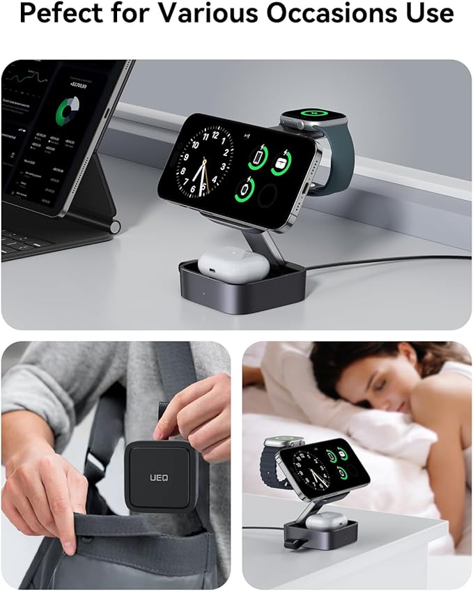 UEQ 3 in 1 Wireless Charging Station for Apple Devices,Compatible with MagSafe Charger Stand,Foldable Fast Travel Magnetic Wireless Charger for iPhone 17 Air 16 15 14 13 12,Apple Watch&AirPods Pro