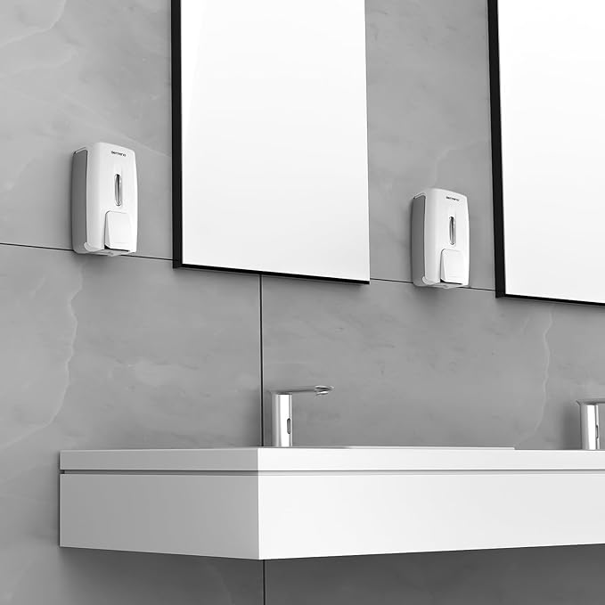 Commercial Soap Dispenser Wall Mount Manual Pump Hand Soap Dispenser 800ml Gel Liquid Hand Sanitizer Dispenser Self Adhesive for Home Bathroom (White)