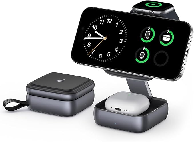 UEQ 3 in 1 Wireless Charging Station for Apple Devices,Foldable Fast Travel Magnetic Wireless Charger,Compatible with MagSafe Charger for iPhone 17 Air 16 15 14 13 12,Apple Watch&AirPods Pro