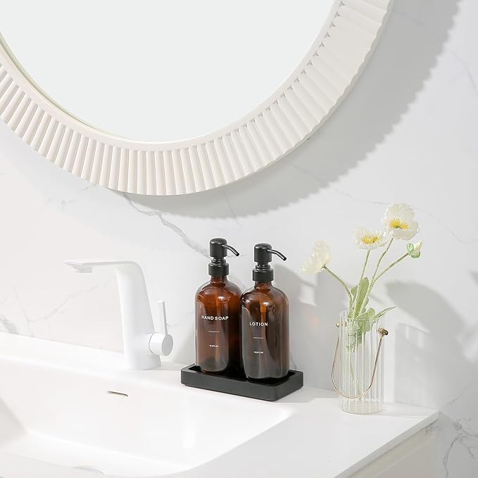 Prus Waso Amber Glass Soap Dispenser Set, Hand Soap and Lotion Set with Black Stainless Steel Pump, Perfect for Modern Bathroom Decor. (Amber)