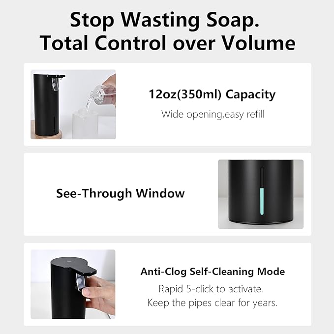 Umimile Electric Dish Soap Dispenser for Kitchen and Bathroom, 2 Mode Liquid Hand Soap Dispenser, 11.8oz Rechargeable with Type-C, IPX7 Waterproof (Black)