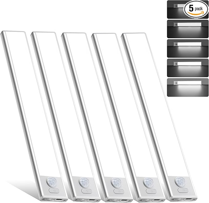 5 Pack Dimmable Under Cabinet Lighting, 32 LED Rechargeable Battery Motion Sensor Light Indoor, Stick On Magnetic Closet Lights, Under Counter Lights for Kitchen, Stairs, White Light 8 in