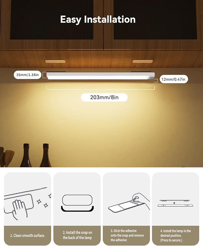Under Cabinet Lighting 6 Packs with 1 Charging Station, Rechargeable Motion Sensor Light Indoor, 8 Inches, 3 Color Temps, 29LEDs Dimmable Closet Light Stick on, Under Counter Lights for Kitchen