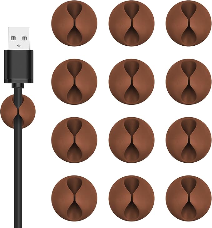 Flezoo Cord Holder Cable Clips, 12PCS Coffee Adhesive Cord Organizer Charger Holder Wire Management Keeper for Nightstand, Desk, Office or Mouse