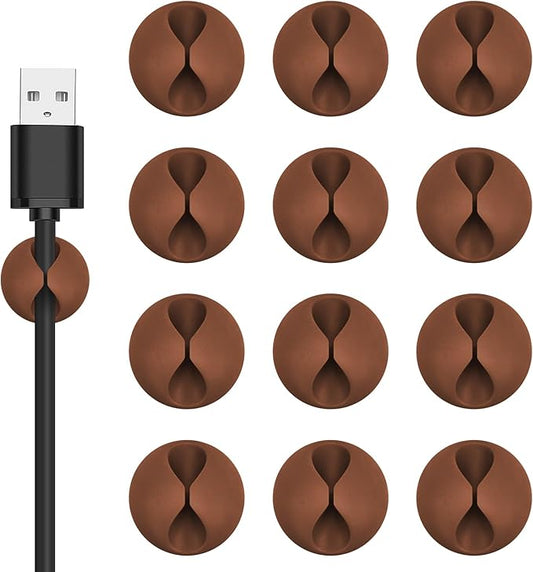 Flezoo Cord Holder Cable Clips, 12PCS Coffee Adhesive Cord Organizer Charger Holder Wire Management Keeper for Nightstand, Desk, Office or Mouse