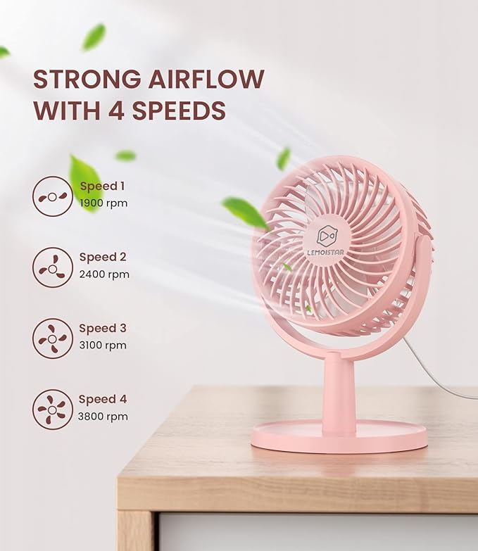 Small Personal USB Powered Fan with 4 Speeds, Portable Desk Fans with 310° Rotation, Mini Powerful Table Fans, Ultra Quiet Air Cooling Fan for Office, Bedroom, Easy to Store, Strong, Compact-Pink