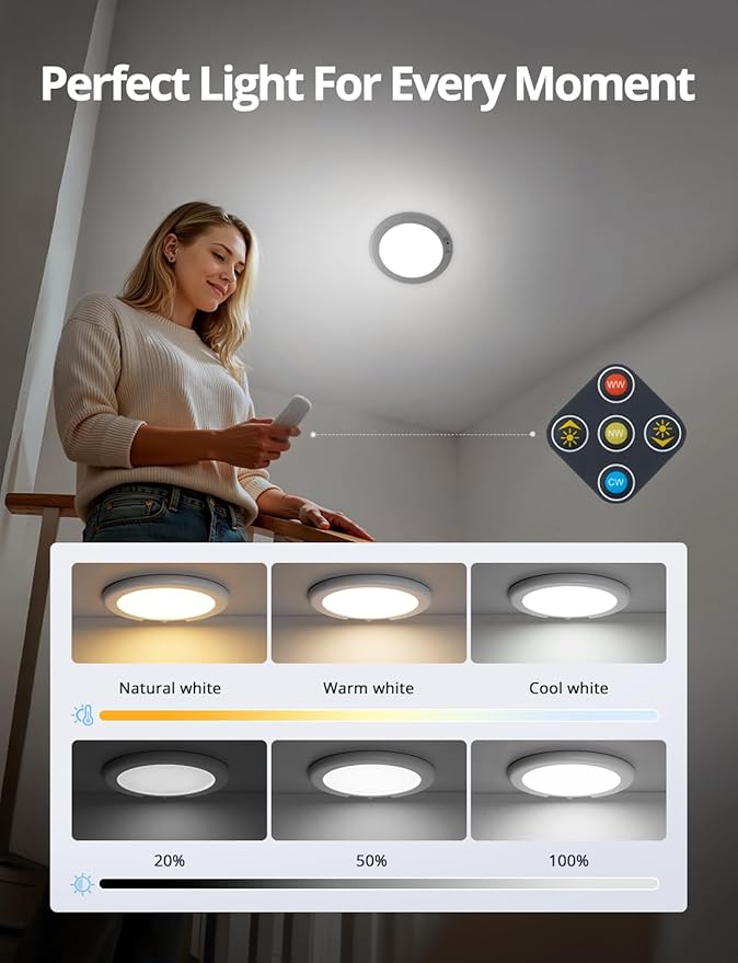Combuh 4-Pack Battery Powered Motion Sensor Light, 7.48" IP44 Waterproof Shower Lamp Without Wiring, Ultra Thin 3 Colors Adhesive Overhead Lightting for Garage, Bedroom, Kitchen, Portable