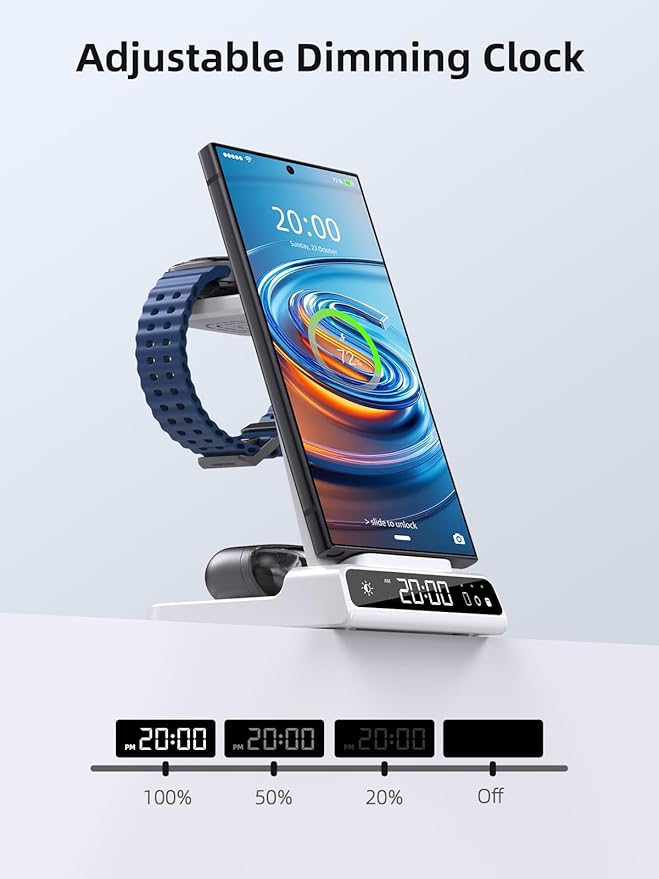 Wireless Charger for Samsung Charging Station: 3 in 1 Android Charging Stand with Dimmable Clock - Nightstand Organizer for Galaxy S25 Ultra, Galaxy Watch 8 7 6 5 4, Galaxy Buds (Not for iWatch)