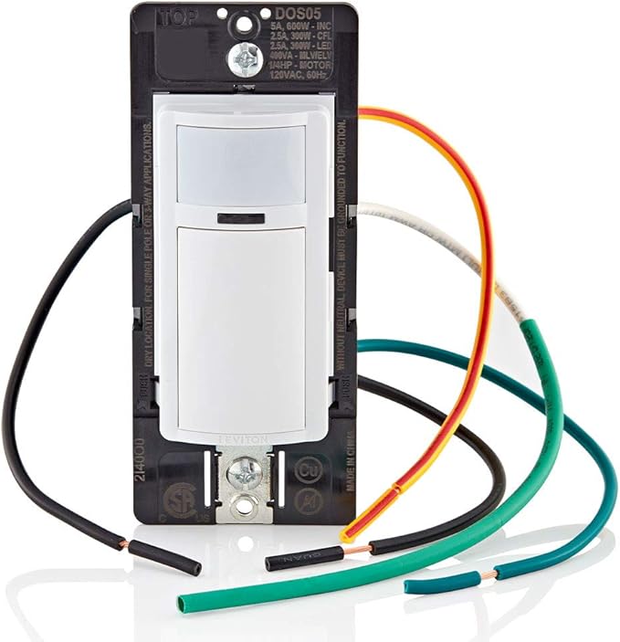 Leviton Motion Sensor Light Switch, Motion Activated, Auto-On/Auto-Off or Manual-On, 5A, No Neutral Wire Required, Single Pole or 3-Way, DOS05-1LZ, White/Ivory/Light Almond