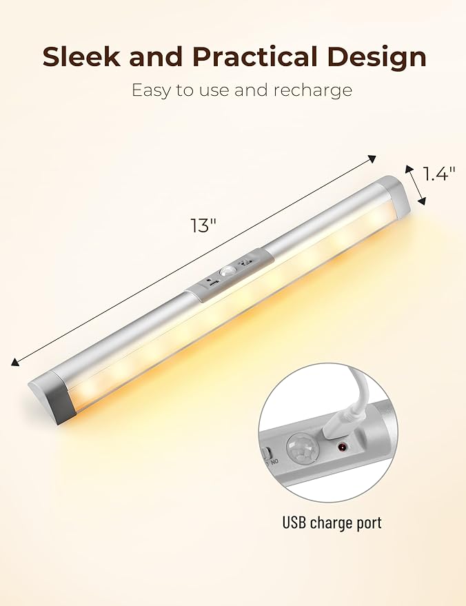 Joyzy Automatic Motion Sensor Closet Lighting with Eye-Protection Design, LED Closet Lights for Stair Step Wireless Light, Rechargeable Wardrobe Pantry Lights (2pack with Warm Lighting)