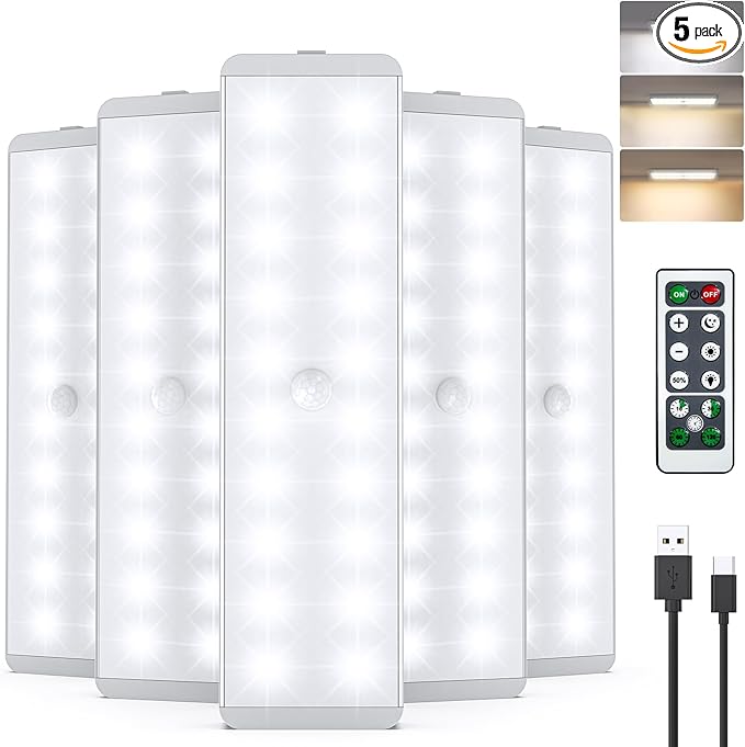 LED Closet Light, Newest 20LEDs Dimmer USB Rechargeable Motion Sensor Light Under Cabinet Lighting with Remote Control, Wireless Stick-Anywhere Night Safe Light Bar for Wardrobe,Kitchen-5 Pcs