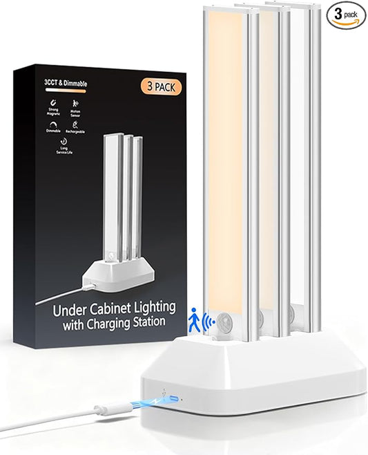 Under Cabinet Lighting with Charging Station, 2000mAh Rechargeable Motion Sensor Light Indoor, 3 Color Tempers Dimmable Closet Lights Wireless, Magnetic Under Cabinet Lights for Kitchen, 3-Pack