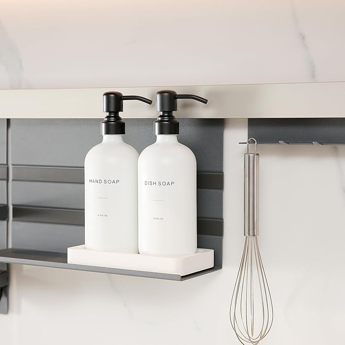 Prus Waso Kitchen Soap Dispenser Set, White Soap Dispenser with Black Stainless Steel Pump, Perfect for Modern Kitchen Decor. (White)
