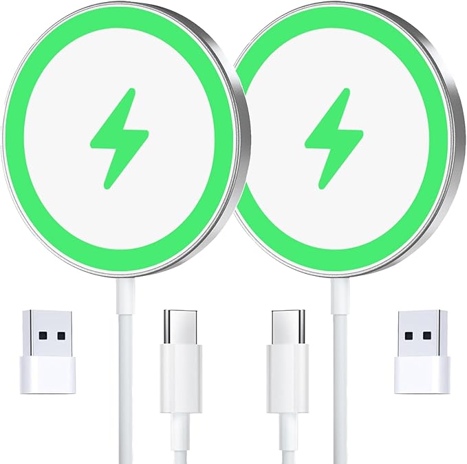 for MagSafe Charger 2 Pack, Magnetic Wireless Charging Pad for iPhone 17 16 15 14 13 12 Air Pro Max Plus mini/AirPods 2 3 Pro, Slim Portable Strong Magnet Quick Charger, USB-C/A Ports-Silver