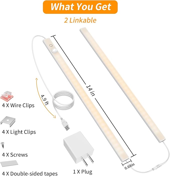 14" Slim USB Plug-in LED Motion Sensor Light Indoor, Bright & Dimmable Under Cabinet Light - 3 Modes (ON/Night/Day) for Kitchen, Cabinet, Closet - 3000K Warm White, 1 Pack (2 Linkable)