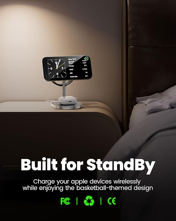 3-Point Power 3 in 1 Charging Station for Apple, KU XIU X85 Aluminum Alloy Magnetic Wireless Charger Stand with Mini Basketball & Hoop for iPhone 17/16/15/14/13/12, 5W for Apple Watch, AirPods, Gray