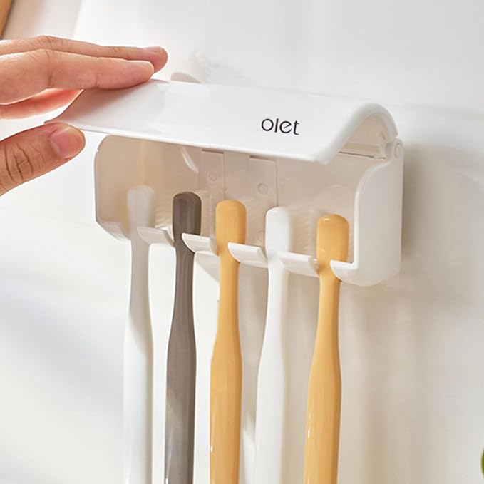 Toothpaste Dispenser Wall Mounted 5 Toothbrush Holder with Automatic Toothpaste Squeezer Dispenser Anti-dust Toothbrush Holder Bathroom Accessories for Kids (White 1Pack)