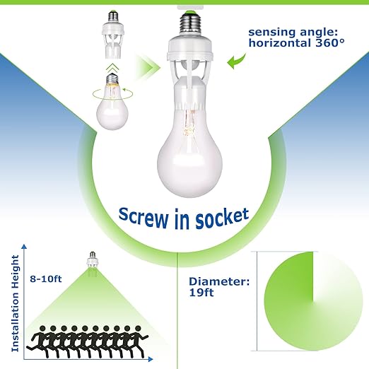 Hortsun 3 Pcs Motion Sensor Light Socket Smart Screw in Light Bulb Outlet Compatible with E26/e27 Motion Activated Bulb Holder Adapter Automatic Control for Porch Garage Storage Room (White)