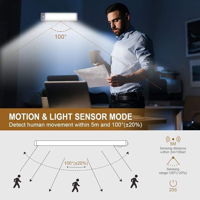2 Pack Rechargeable Under Cabinet Lighting with Motion Sensor - 30 LED 10 Inch, Wireless USB-C Magnetic for Kitchen, Wardrobe Closet Lighting