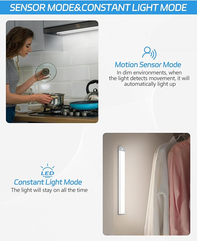 HIBOITEC LED Motion Sensor Cabinet Light 2500mAh 2 Packs Rechargeable Under Counter Closet Lighting, Wireless Night Light with 54 LEDs for Cabinet, Wardrobe, Kitchen, Hallway, Stairs