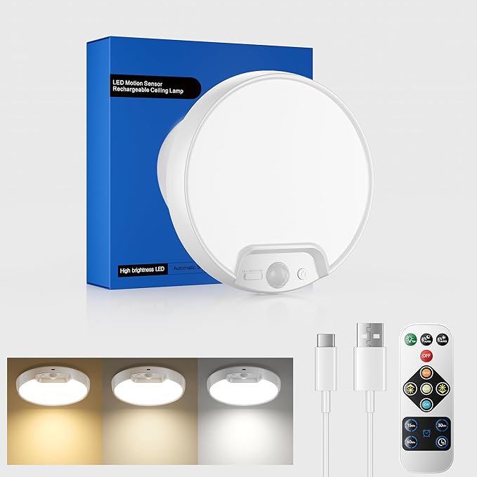 Homelist Rechargeable Motion Sensor Ceiling Light with Remote, Wireless Battery-Operated Ceiling Light for Pantry, Basement Storage, Closet, Bathroom, Laundry Room, Hallway, Stairs 3 Color Temperature