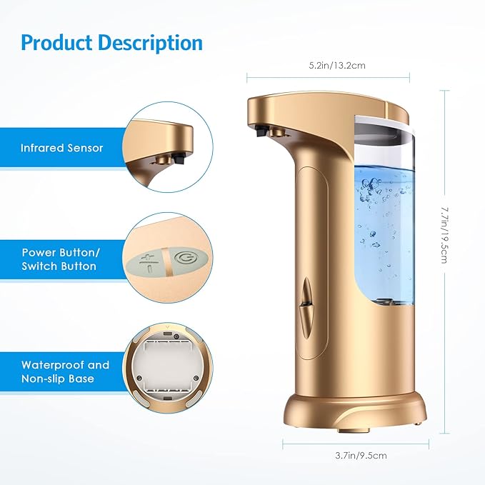 AMIR 12.5oz Touchless Automatic Soap Dispenser, Battery Operated Automatic Liquid Hand Soap Dispenser, Adjustable Volume, Water-Resistant for Kitchen and Bathroom