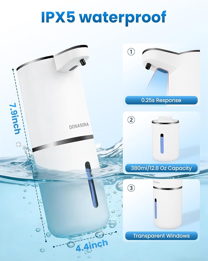 Automatic Liquid Soap Dispenser Touchless, USB Rechargeable Hand Soap Dispenser, 4 Adjustable Volume Levels, IPX5 Waterproof, 12.8oz/380ml Wall Mounted for Bathroom Kitchen Countertop, White