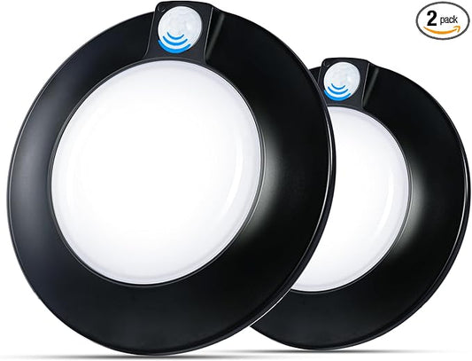 [2 Pack] CLOUDY BAY Motion Sensor Ceiling Light Indoor,120V CRI90 10W 5000K Bright Day Light,6.5 inch LED Flush Mount Ceiling Lighting Fixture for Garage,Walk-in Closet,Attic,Pantry Wet Location,Black